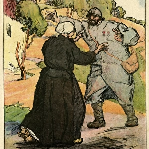Cartoon, soldier reunited with mother, WW1