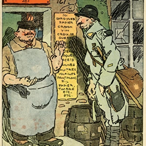 Cartoon, Trader and French soldier, WW1