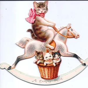 Cat and kittens on a cutout movable greetings card