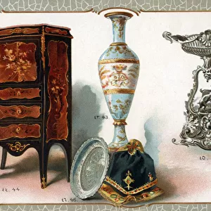 Catalogue illustration, vase, writing desk, ornament, plate