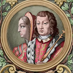 Catholic Kings, Isabella and Ferdinand. Spain. Colored engra