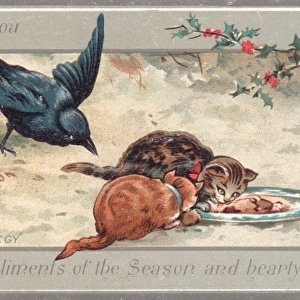 Two cats and a bird on a New Year card