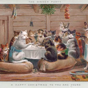 Cats enjoying a dinner party on a Christmas card