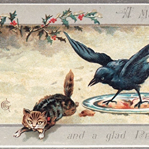 Two cats running from a bird on a New Year card