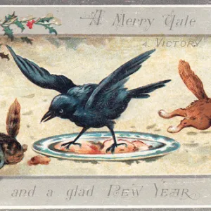 Two cats running from a bird on a New Year card