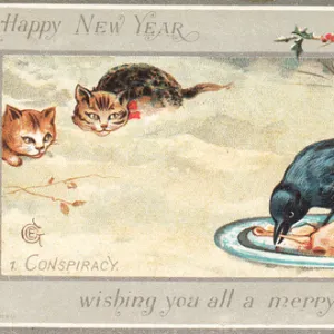 Two cats watching a bird on a New Year card