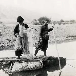 Caucasus Georgia Tiflis Tblisi - men fishing from a raft