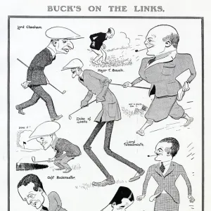 Some celebrities of Bucks Club playing golf caricatured by Fred May in The Tatler