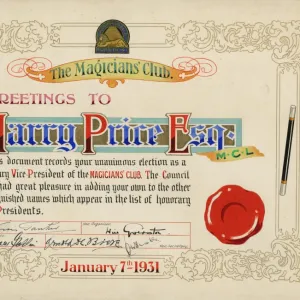 Certificate for Harry Price from the Magicians Club