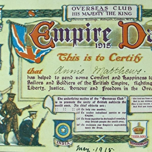 Certificate from the Overseas Club - Empire Day 1915