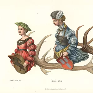 Chandelier made of deer antlers with heraldic female figures