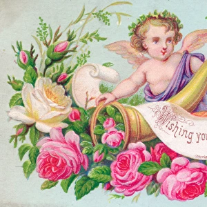 Cherub with pink roses on a Christmas card