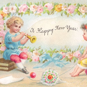 Two cherubs with flowers on a New Year card