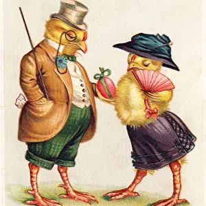 Two chicks with an egg on a Russian Easter postcard
