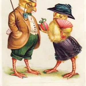 Two chicks with an egg on a Russian Easter postcard