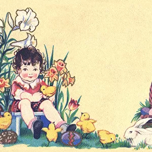 Child surrounded by flowers, chicks and Easter eggs