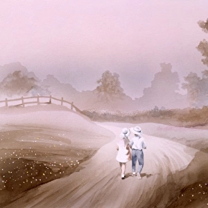 Children on an atmospheric country lane