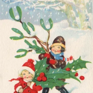 Children carrying holly and mistletoe