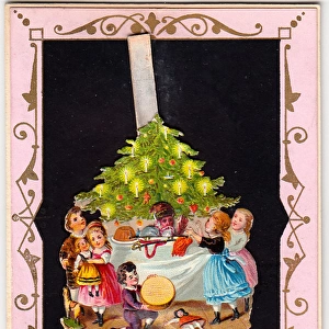 Children and Christmas tree on a New Year card