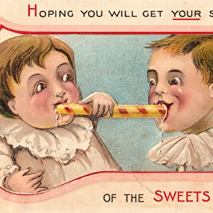 Two children eating sweets on a greetings card
