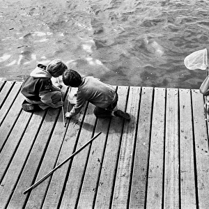 Children fishing for crabs on wooden pontoon, New Brighton