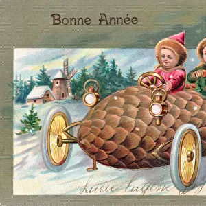 Three children on a French New Year postcard