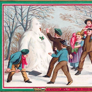 Children making a snowman on a Christmas card