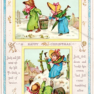 Children with nursery rhyme scenes on a Christmas card