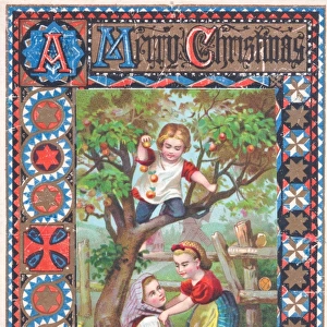 Three children in an orchard on a Christmas card