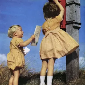 1950s Childhood Print: Two Children Post a Letter 1950s Childhood Print: Two Children Post a Letter
