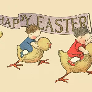 Children riding on little chicks at Easter