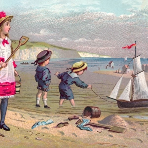 Children at the seaside on a New Year card