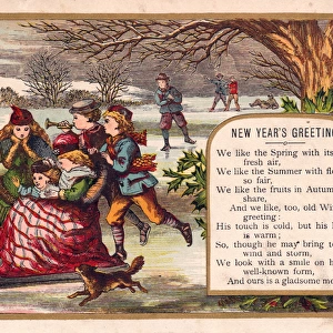 Children skating and sledding on a New Year card