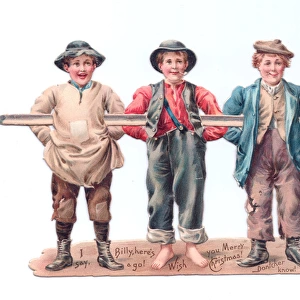 Three chimney sweep boys on a cutout Christmas card
