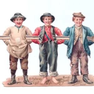 Three chimney sweep boys on a cutout Christmas card