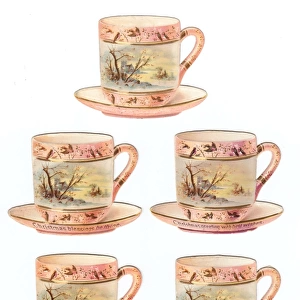 China cups and saucers on five cutout Christmas cards