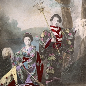 Chinese Actors holding up masks, a rake and a broom