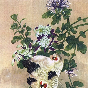 Chinese art, two birds on a branch with white flowers