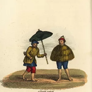 Chinese labourer with umbrella and peasant