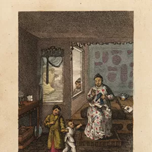 Chinese lady with her children in her house, Qing Dynasty