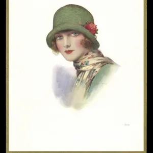 Chocolate box design, lady in green cloche hat