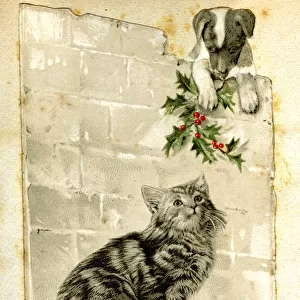 Christmas card, cat and puppy with holly