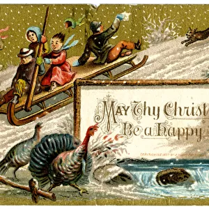 Christmas card, children on a sleigh in the snow