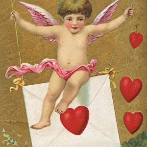 Christmas Card - Cupid, envelope and hearts