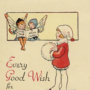 Christmas card, Girl and fairies singing carols