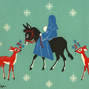 Christmas card, Mary and baby Jesus on a donkey