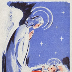 Christmas card, Nativity scene with angel and baby