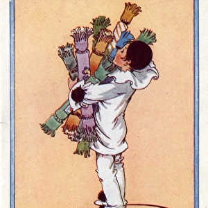 Christmas Card - Pierrot carrying Christmas crackers