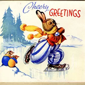 Christmas card, Rabbit skating on ice