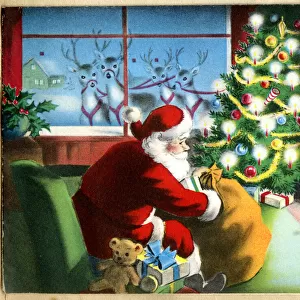 Christmas card, Santa Claus delivering presents